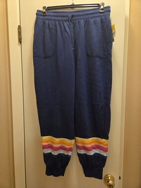crown & ivy Navy Track Joggers with Multicolor Stripe Cuffs